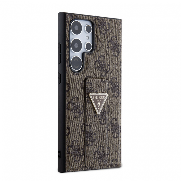 Guess PU Grip Stand 4G Strass Triangle Metal Logo Bakre skal till Samsung Galaxy S24 Ultra Brown