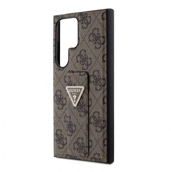 Guess PU Grip Stand 4G Strass Triangle Metal Logo Bakre skal till Samsung Galaxy S24 Ultra Brown