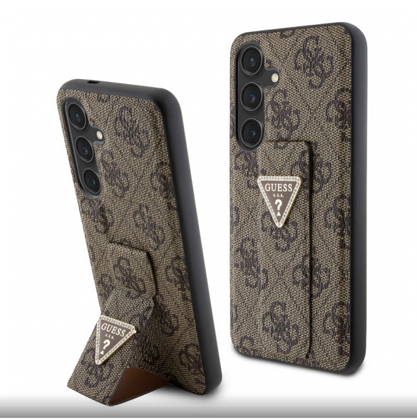 Guess PU Grip Stand 4G Strass Triangle Metal Logo Bakre skal till Samsung Galaxy S24 Brown