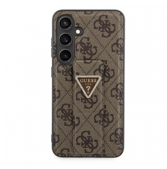 Guess PU Grip Stand 4G Strass Triangle Metal Logo Bakre skal till Samsung Galaxy S24 Brown
