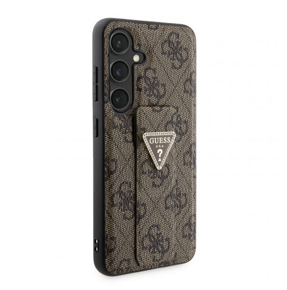 Guess PU Grip Stand 4G Strass Triangle Metal Logo Bakre skal till Samsung Galaxy S24 Brown