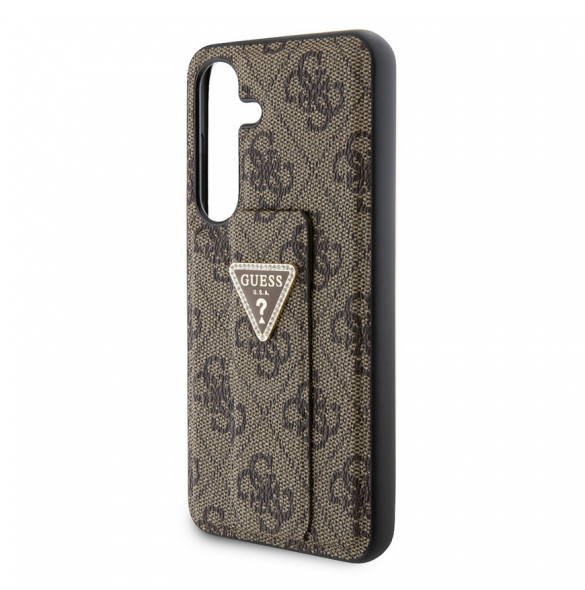 Guess PU Grip Stand 4G Strass Triangle Metal Logo Bakre skal till Samsung Galaxy S24 Brown