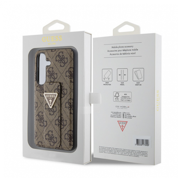 Guess PU Grip Stand 4G Strass Triangle Metal Logo Bakre skal till Samsung Galaxy S24 Brown