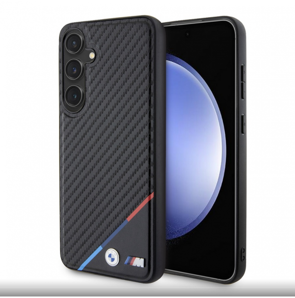 BMW M PU Läder Carbon Magsafe Tricolor Line Bakskal till Samsung Galaxy S24+ Svart