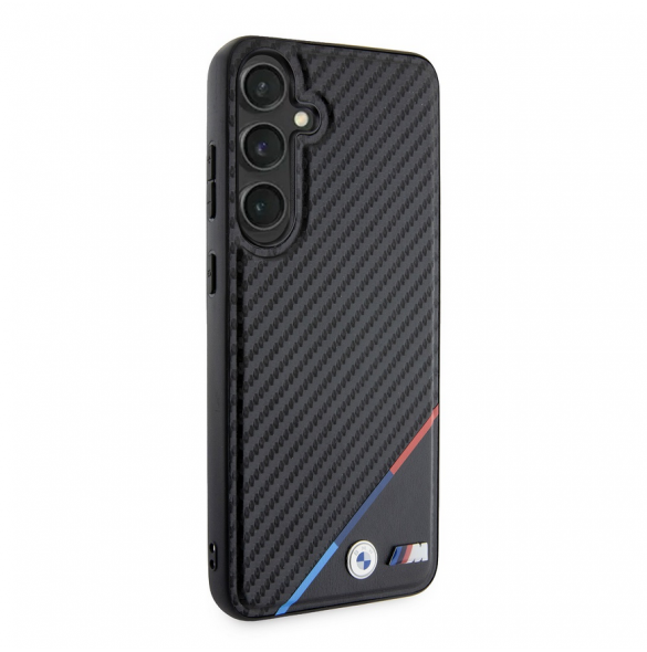 BMW M PU Läder Carbon Magsafe Tricolor Line Bakskal till Samsung Galaxy S24+ Svart