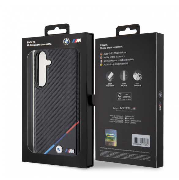 BMW M PU Läder Carbon Magsafe Tricolor Line Bakskal till Samsung Galaxy S24+ Svart