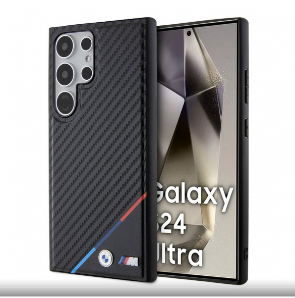 BMW M PU Läder Carbon Magsafe Tricolor Line Bakskal till Samsung Galaxy S24 Ultra Black