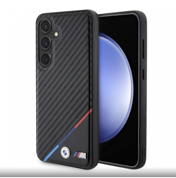 BMW M PU Läder Carbon Magsafe Tricolor Line Bakskal till Samsung Galaxy S24 Svart