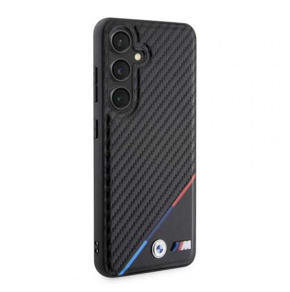 BMW M PU Läder Carbon Magsafe Tricolor Line Bakskal till Samsung Galaxy S24 Svart