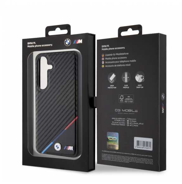 BMW M PU Läder Carbon Magsafe Tricolor Line Bakskal till Samsung Galaxy S24 Svart