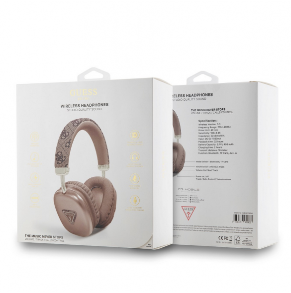 Guess PU Leather 4G Triangle Logo Bluetooth Stereo Headphone Brun