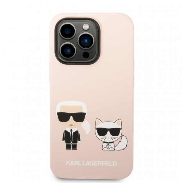 Karl Lagerfeld MagSafe-kompatibelt fodral flytande silikon Karl och Choupette för iPhone 14 Pro Max Rosa