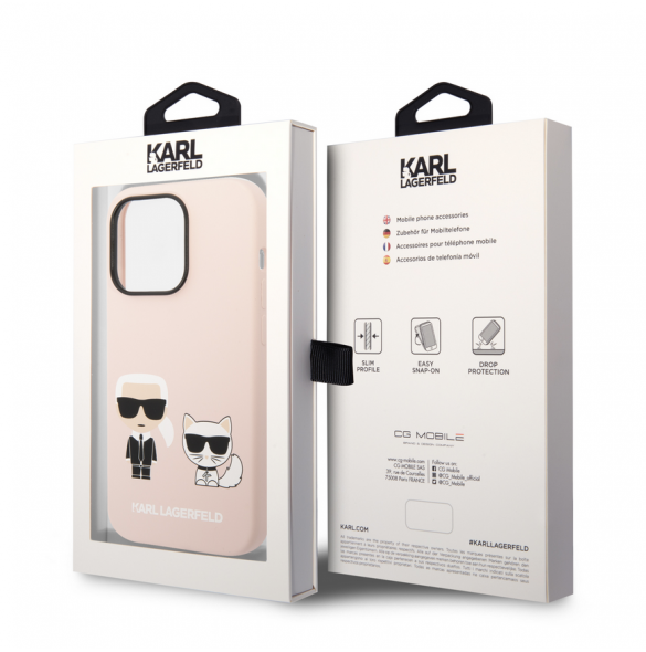 Karl Lagerfeld MagSafe-kompatibelt fodral flytande silikon Karl och Choupette för iPhone 14 Pro Max Rosa