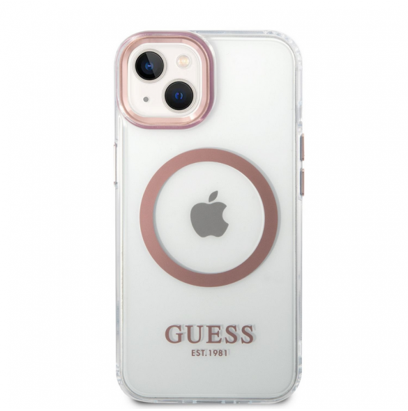 Guess Transparent MagSafe-kompatibelt fodral för iPhone 14 Plus Pink