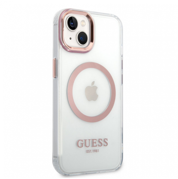 Guess Transparent MagSafe-kompatibelt fodral för iPhone 14 Plus Pink
