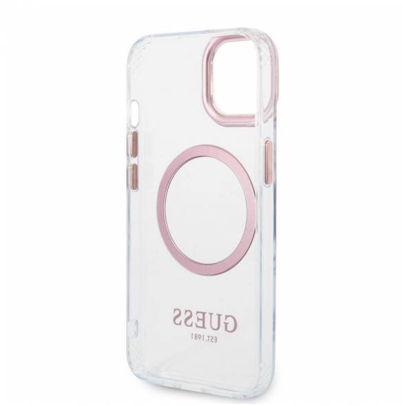 Guess Transparent MagSafe-kompatibelt fodral för iPhone 14 Plus Pink