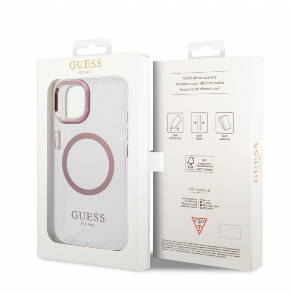 Guess Transparent MagSafe-kompatibelt fodral för iPhone 14 Plus Pink