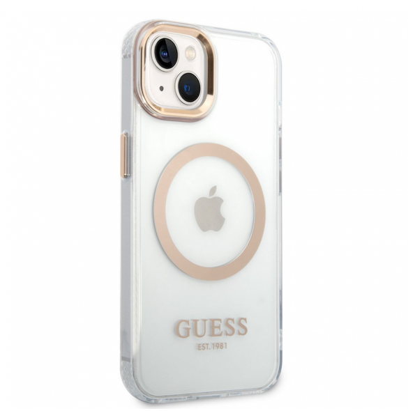 Guess Transparent MagSafe-kompatibelt fodral för iPhone 14 Plus Gold
