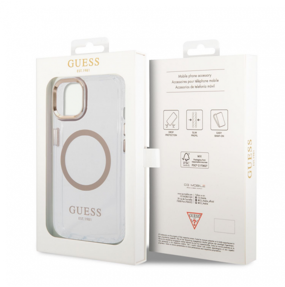 Guess Transparent MagSafe-kompatibelt fodral för iPhone 14 Plus Gold