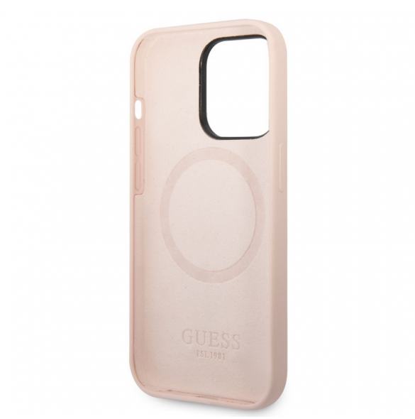 Guess Silicone Metal Logo MagSafe-kompatibelt fodral för iPhone 14 Pro Pink