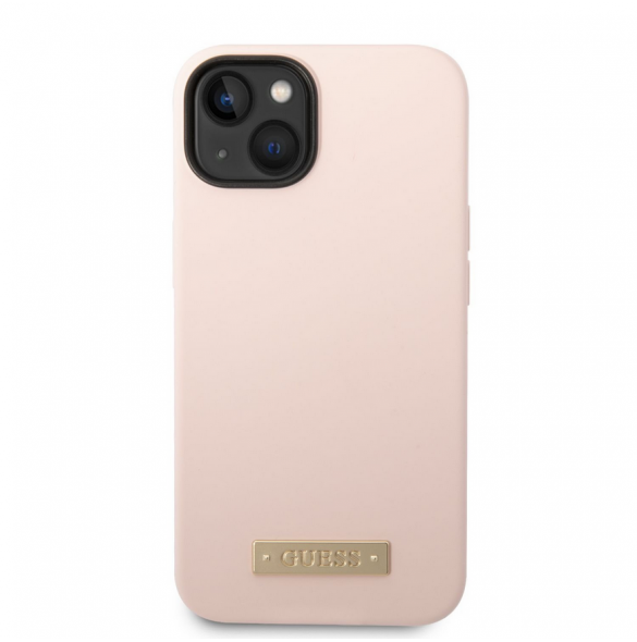 Guess Silicone Metal Logo MagSafe-kompatibelt fodral för iPhone 14 Plus Rosa