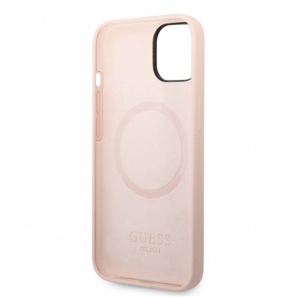 Guess Silicone Metal Logo MagSafe-kompatibelt fodral för iPhone 14 Plus Rosa