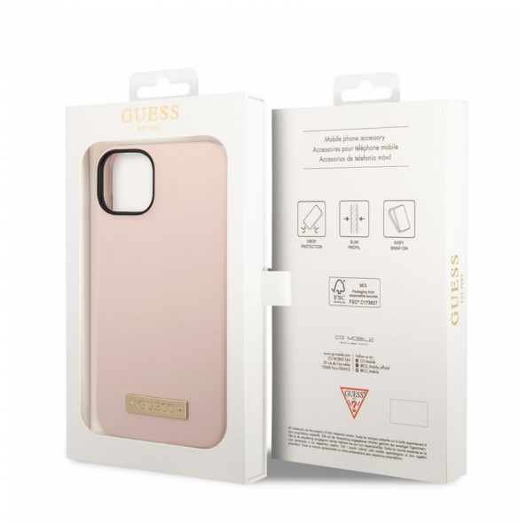 Guess Silicone Metal Logo MagSafe-kompatibelt fodral för iPhone 14 Plus Rosa