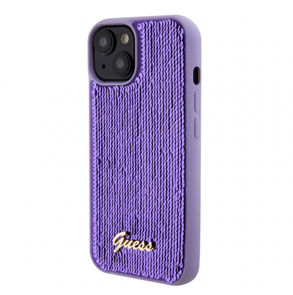 Guess Sequin Script Logofodral för iPhone 15 Plus Lila