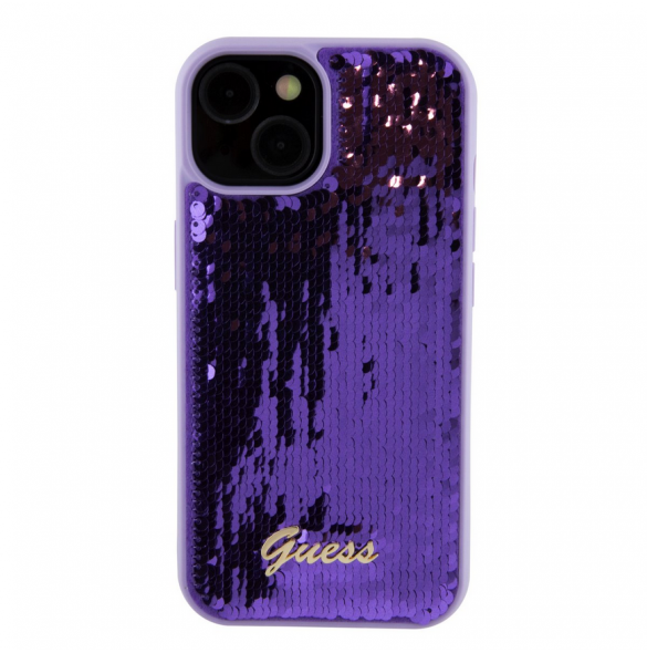 Guess Sequin Script Logofodral för iPhone 15 Plus Lila