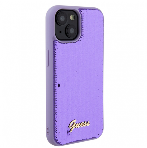 Guess Sequin Script Logofodral för iPhone 15 Plus Lila