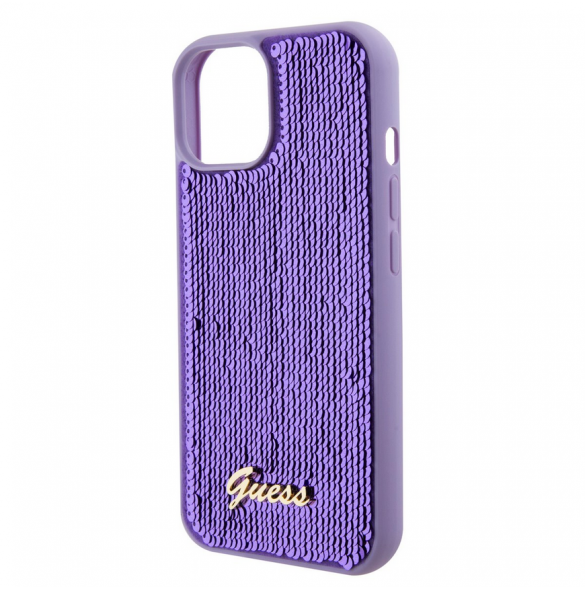 Guess Sequin Script Logofodral för iPhone 15 Plus Lila