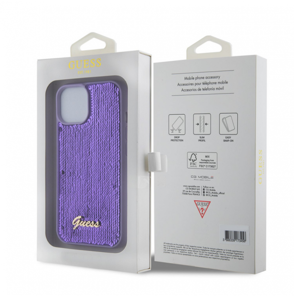 Guess Sequin Script Logofodral för iPhone 15 Plus Lila