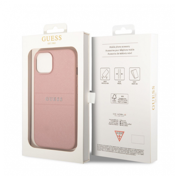 Guess PU Läder Saffiano-fodral till iPhone 14 Plus Rosa
