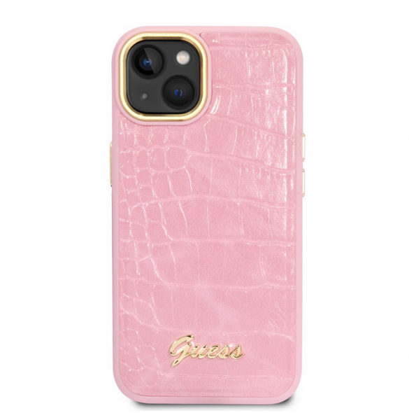 Guess PU Croco med Metal Camera Outline-fodral för iPhone 14 Plus Rosa