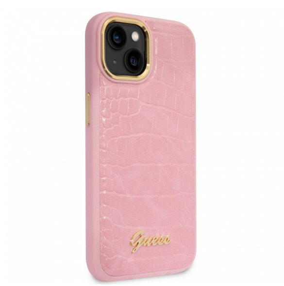 Guess PU Croco med Metal Camera Outline-fodral för iPhone 14 Plus Rosa