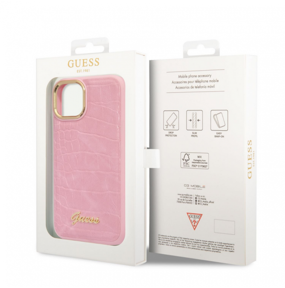 Guess PU Croco med Metal Camera Outline-fodral för iPhone 14 Plus Rosa