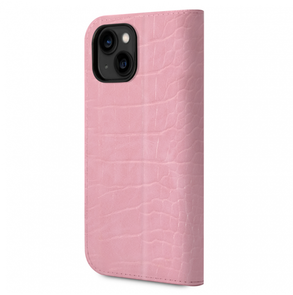 Guess PU Croco med Metal Camera Outline Bokfodral för iPhone 14 Plus Rosa