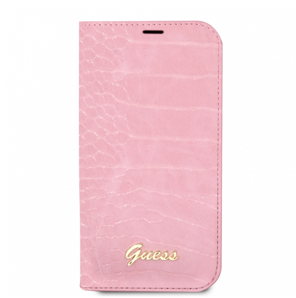 Guess PU Croco med Metal Camera Outline Bokfodral för iPhone 14 Plus Rosa