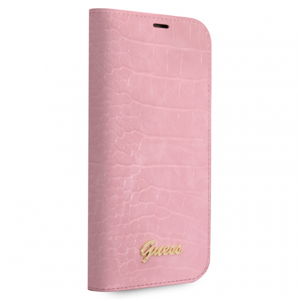 Guess PU Croco med Metal Camera Outline Bokfodral för iPhone 14 Plus Rosa