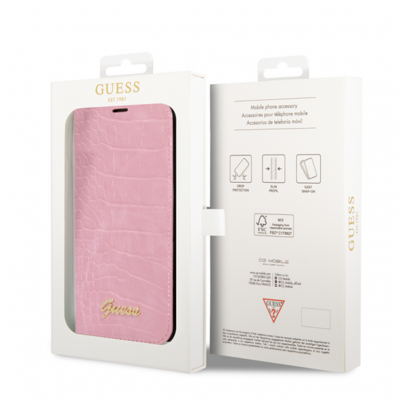 Guess PU Croco med Metal Camera Outline Bokfodral för iPhone 14 Plus Rosa