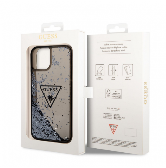 Guess PC/TPU Liquid Glitter Triangle Logo-fodral för iPhone 14 Plus Svart