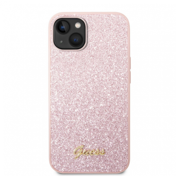 Guess PC/TPU Glitter Flakes metalllogofodral för iPhone 14 Plus Rosa