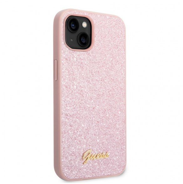Guess PC/TPU Glitter Flakes metalllogofodral för iPhone 14 Plus Rosa