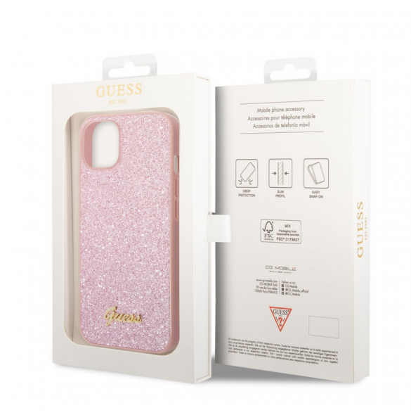 Guess PC/TPU Glitter Flakes metalllogofodral för iPhone 14 Plus Rosa