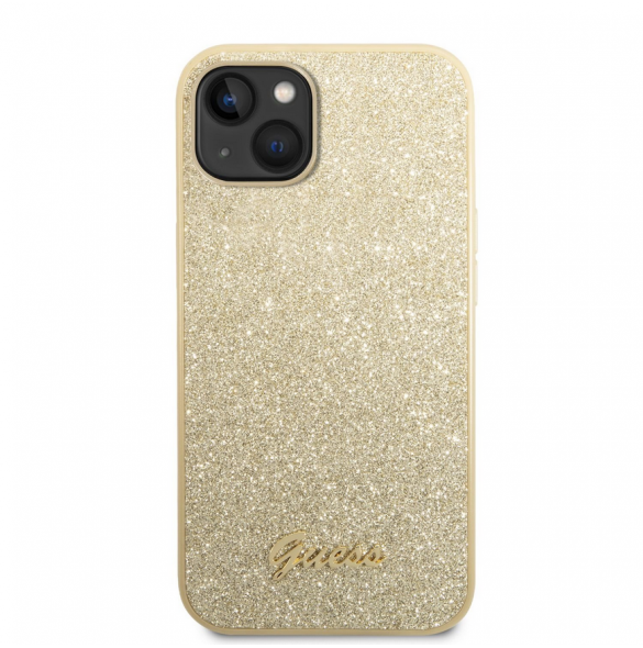 Guess PC/TPU Glitter Flakes metalllogofodral för iPhone 14 Plus Gold