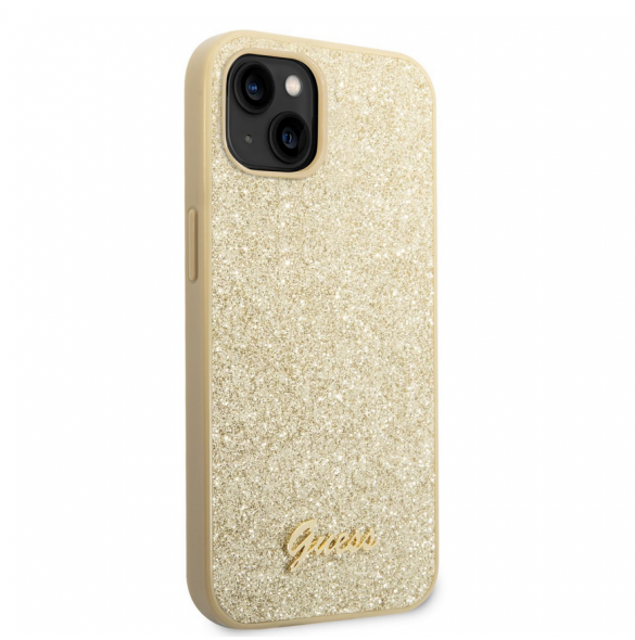 Guess PC/TPU Glitter Flakes metalllogofodral för iPhone 14 Plus Gold