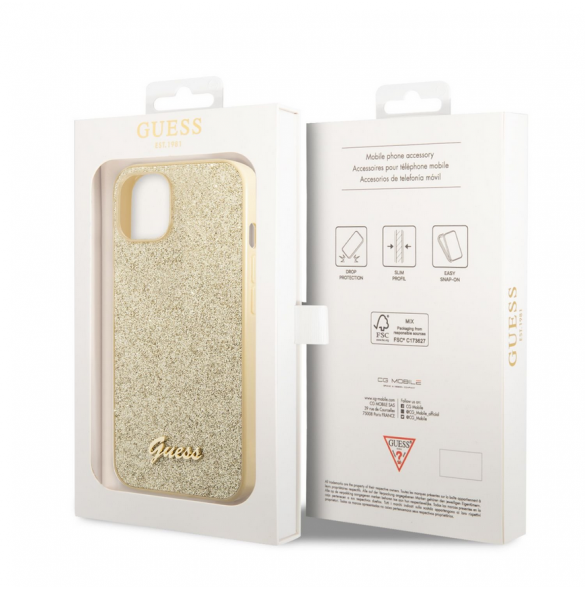 Guess PC/TPU Glitter Flakes metalllogofodral för iPhone 14 Plus Gold