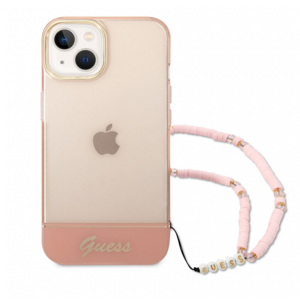 Guess PC/TPU Camera Outline Translucent Fodral med rem för iPhone 14 Plus Pink