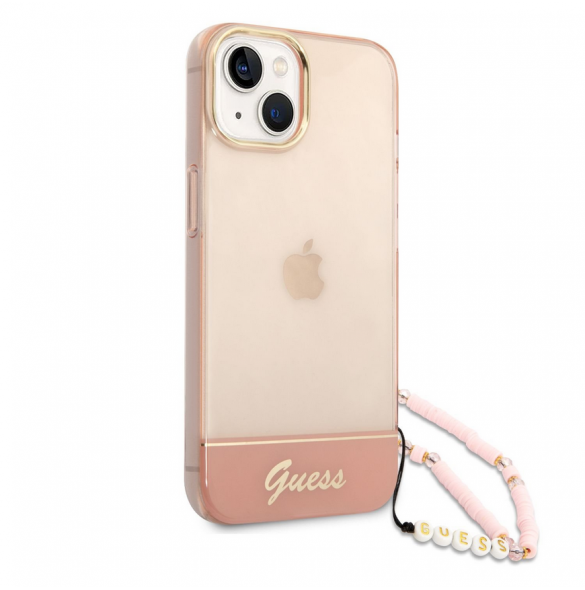 Guess PC/TPU Camera Outline Translucent Fodral med rem för iPhone 14 Plus Pink