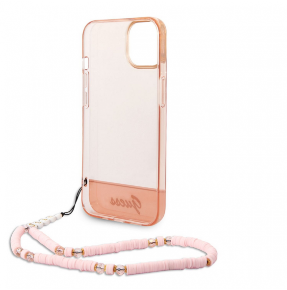 Guess PC/TPU Camera Outline Translucent Fodral med rem för iPhone 14 Plus Pink